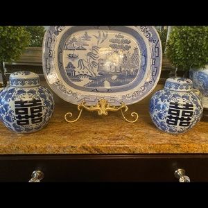 Blue and white double happiness ginger jars